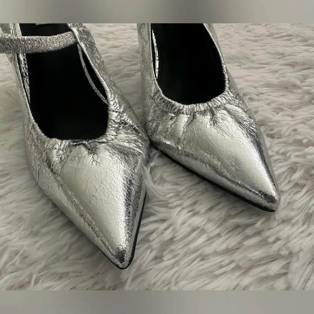 Steve Madden Grae‎ Silver Pointed Toe  Heels Slingback Shoes sz 9 - Picture 4 of 6